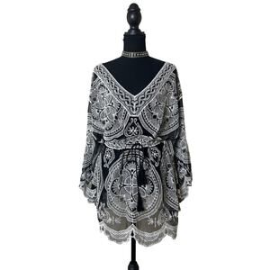Dark Boho Black & White Lace Cinchable Kaftan Festival Top – One Size